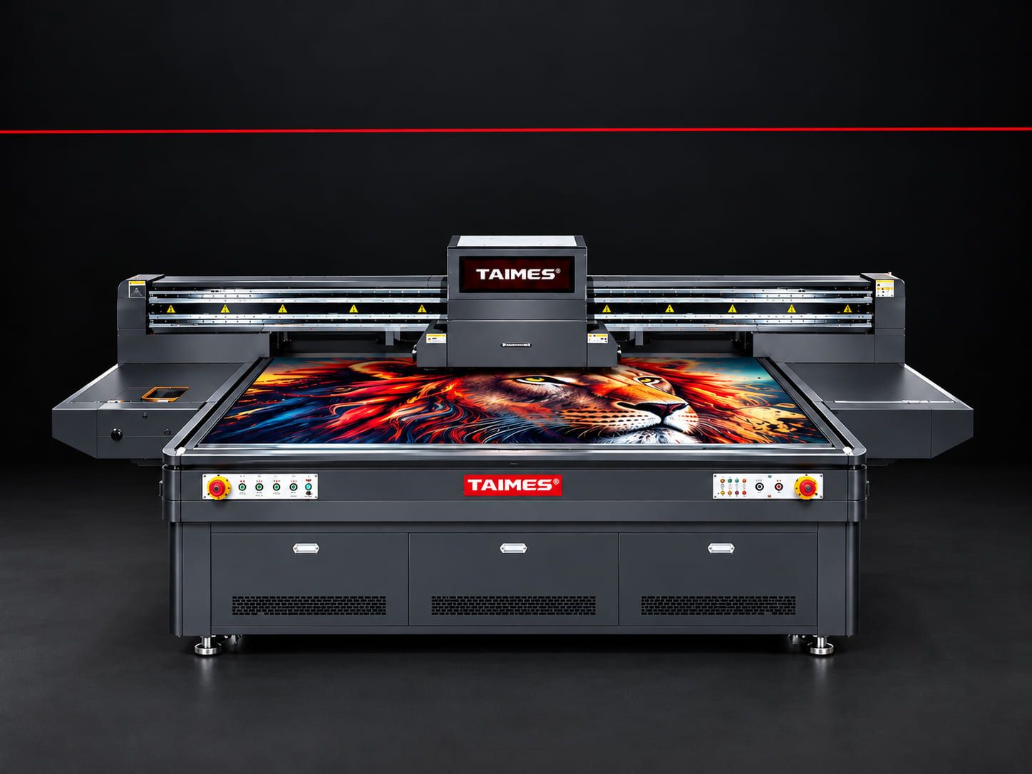 Taimes UV flat-bed · 8 × 4 on the Impression floor